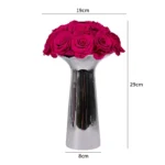 Digital drawing of cylindrical glossy vase (28cm) filled with vibrant magenta roses densely packed in spherical arrangement