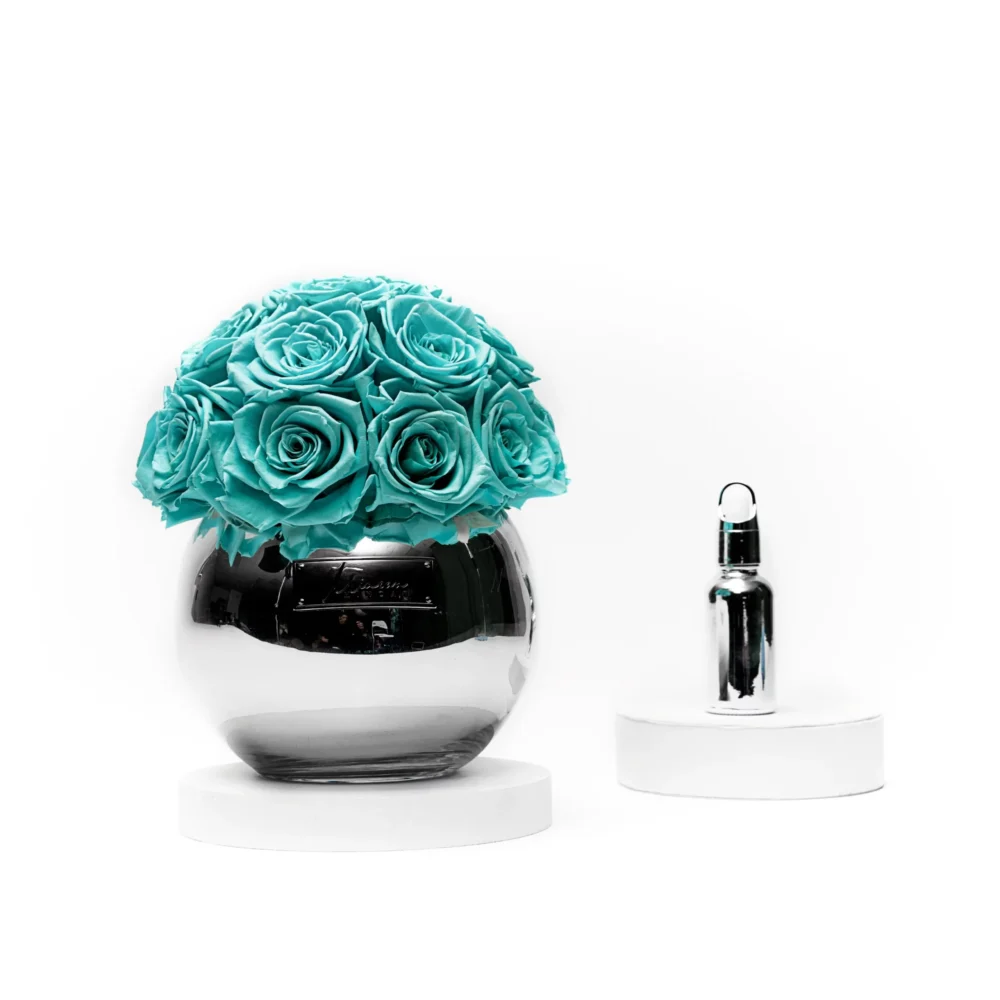 Minimalist clear glass vase filled with vibrant turquoise artificial roses beside silver spray bottle on white stands