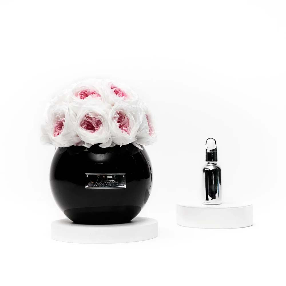 Sleek glossy black vase with bouquet of white roses and pink buds beside silver perfume bottle
