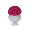 White ceramic honeycomb-pattern vase filled with dense cluster of vibrant deep magenta roses with velvety appearance