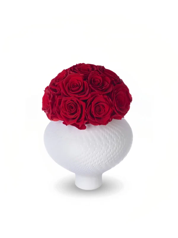 Round textured white vase with ridged pattern topped with spherical bouquet of densely packed deep red roses