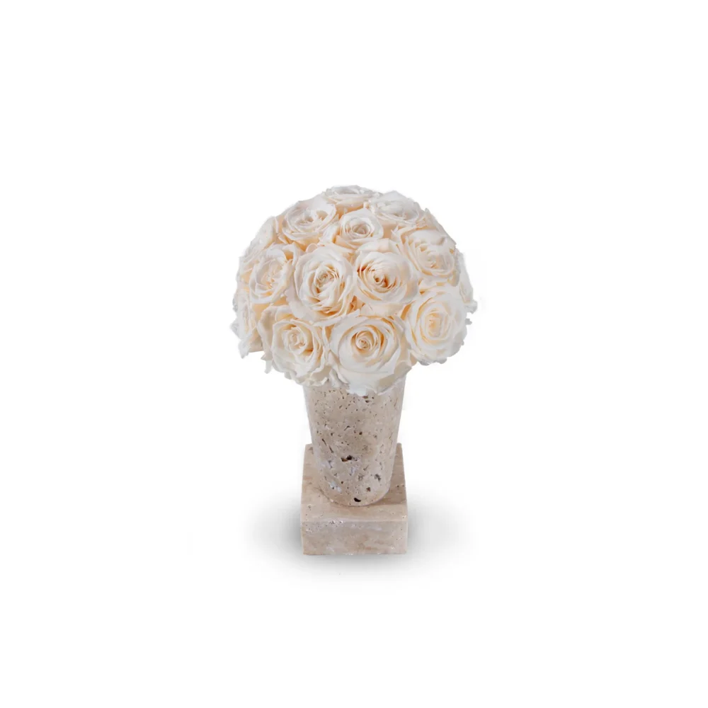 Decorative smooth pale beige stone vase containing lush bouquet of white roses on matching base against clean white