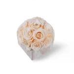 Square white ceramic box adorned with lush bouquet of cream-colored roses against stark white background