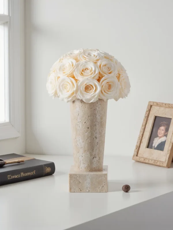 Vase with white roses on marble base