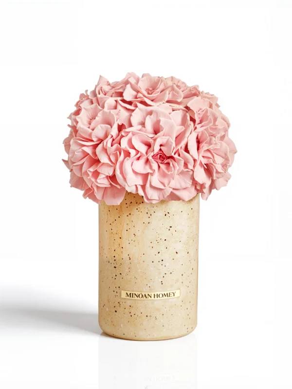 Speckled beige Minoan Homey vase with pink carnations, minimalist flower arrangement