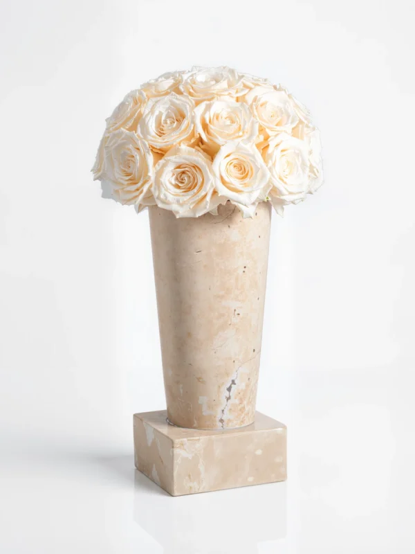 Beige marble vase with cream roses, sophisticated floral design on white