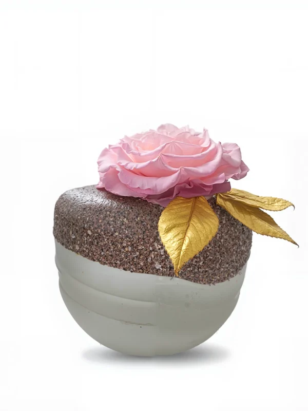 Chocolate cake with pink frosting rose and golden leaves, dessert decoration