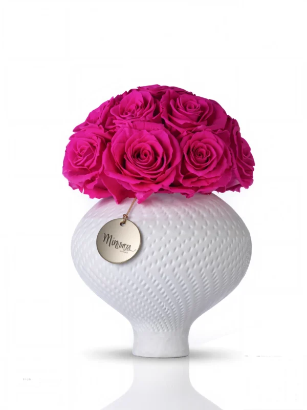 White textured ceramic Minoan Homey vase with magenta roses, elegant floral design