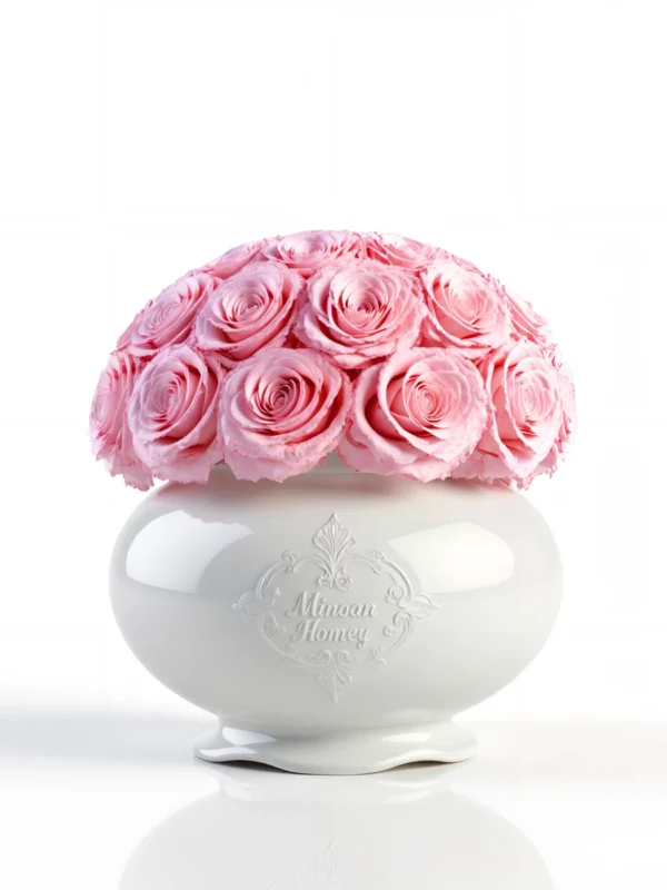 White floral-patterned vase with pink roses, romantic floral composition