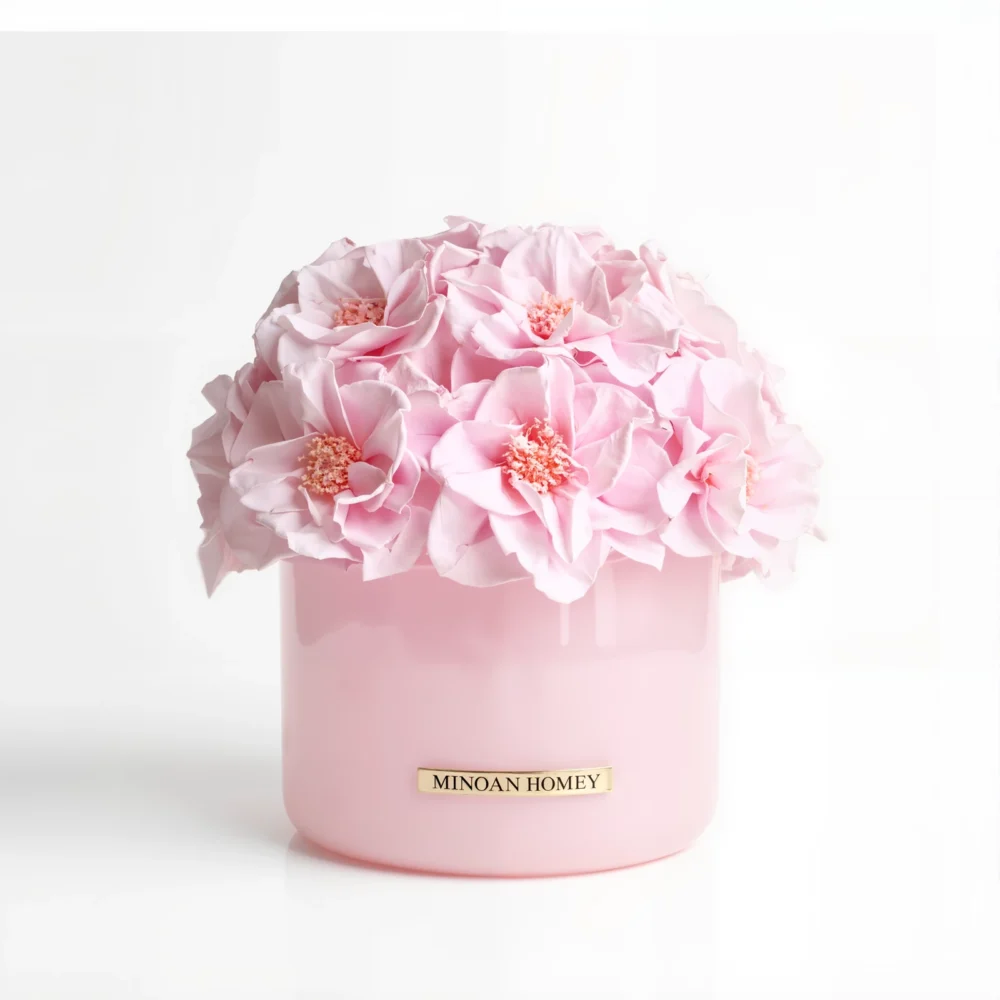 Pink Minoan Homey vase with pale pink hydrangeas, elegant floral bouquet