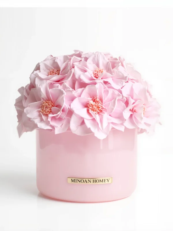 Pink Minoan Homey vase with pale pink hydrangeas, elegant floral bouquet