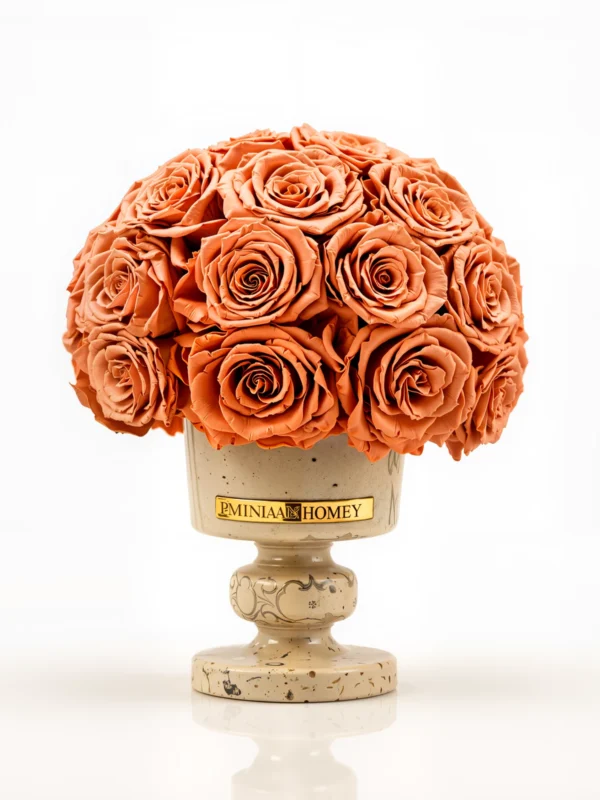 Beige Minoan Homey vase with rust-colored artificial roses, floral arrangement