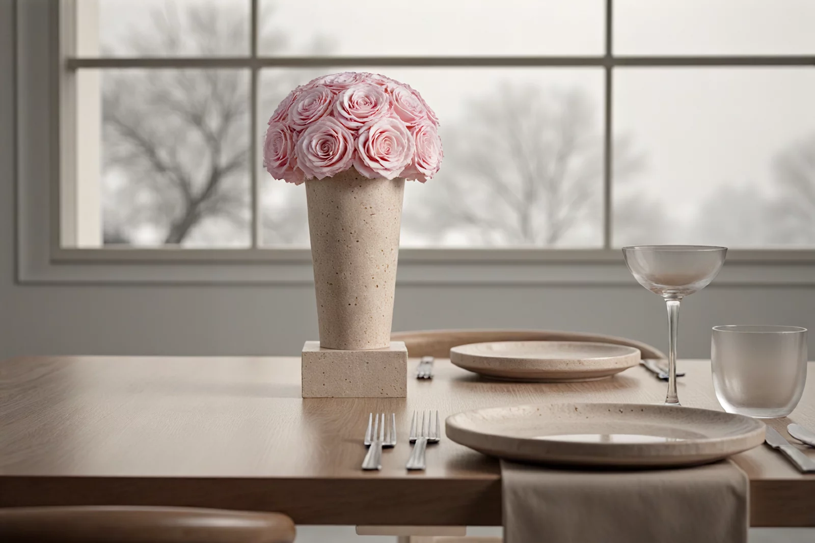 Minimalist dining setup with pink rose arrangement and wintery window view