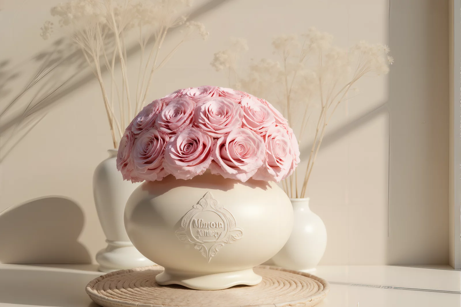Minimalist setup with white vase of pink roses and dried white flowers
