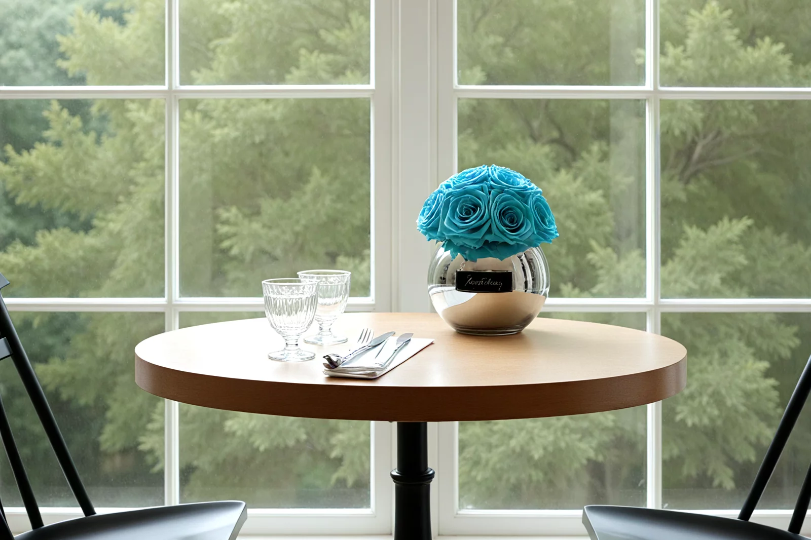 Cozy sunlit corner with wooden table, blue fake roses, and garden view