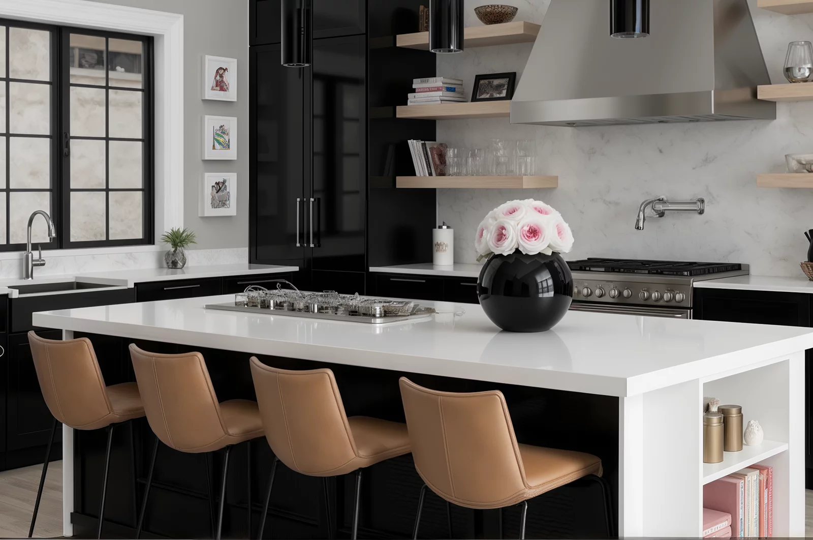 Contemporary kitchen with black gas stove and pink-white floral bouquet