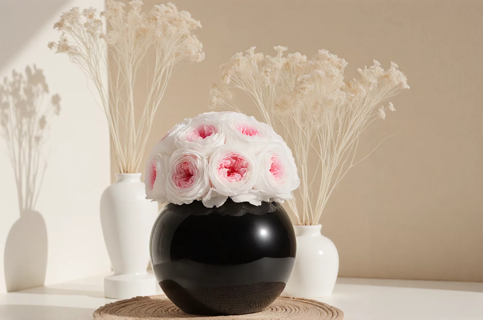 Elegant floral arrangement with white and pink roses in black vase