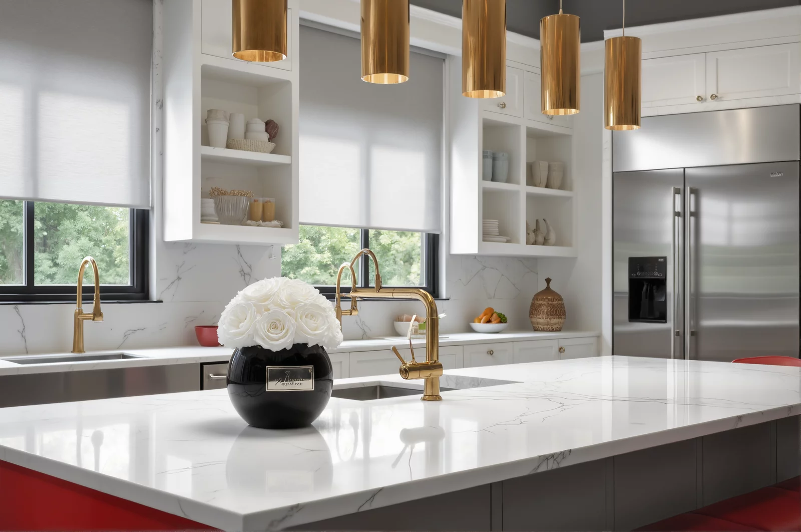 Modern kitchen with gold fixtures, stainless steel appliances, and white roses