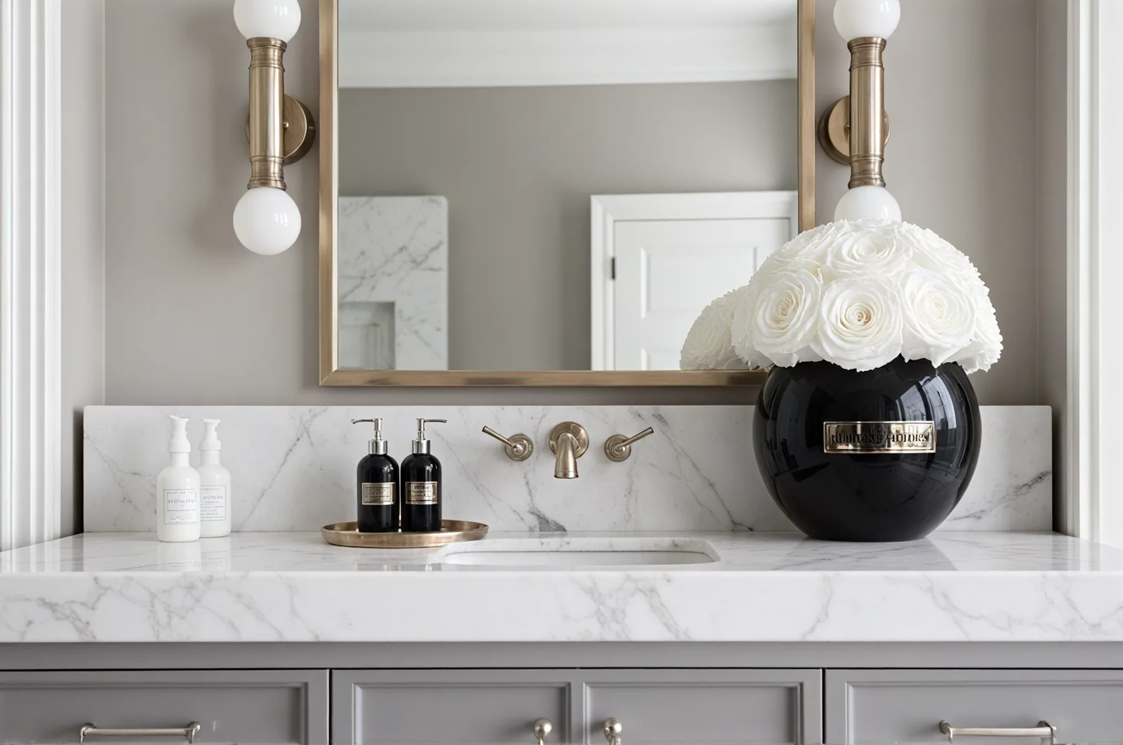 Luxurious bathroom with gold faucet, marble countertop, and white flowers