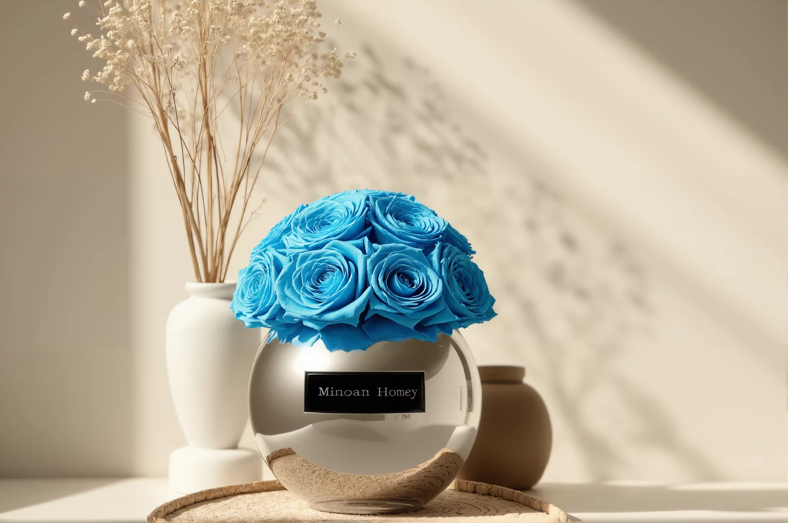 Minimalist setup with blue rose bouquet in glass vase and dried flowers