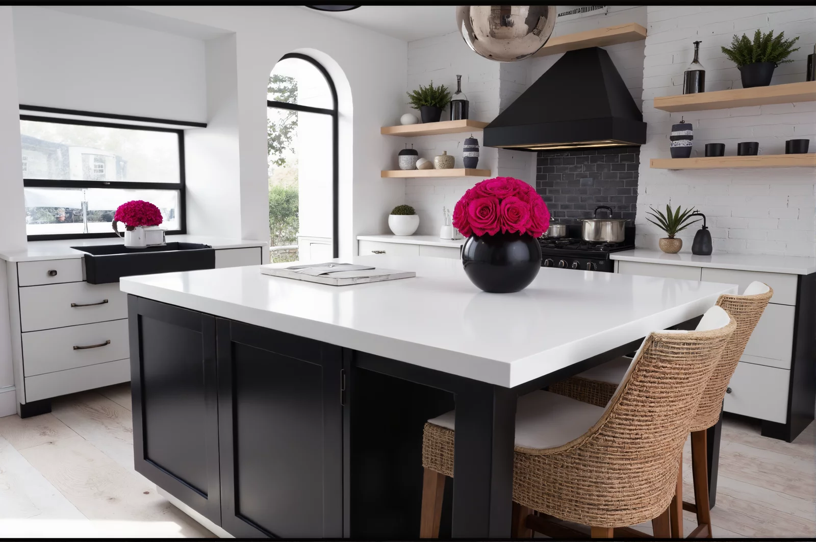 Modern kitchen with white brick walls, wooden shelves, and pink roses
