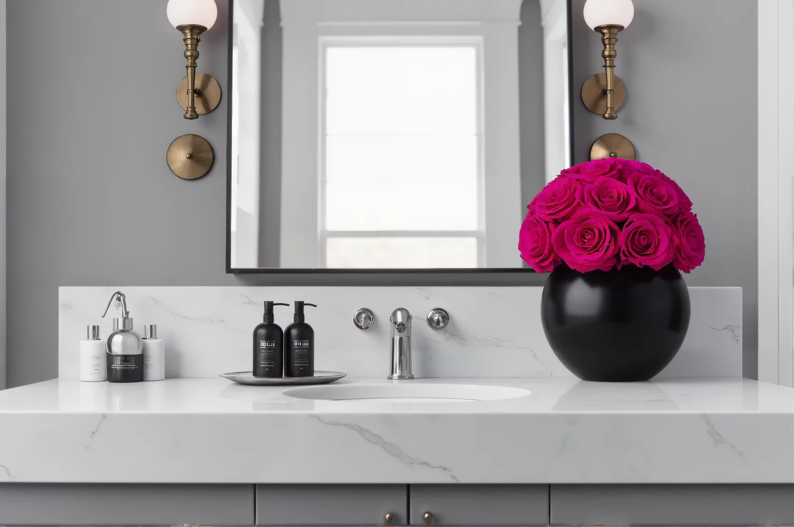 Modern bathroom with black vase of pink roses and chrome fixtures