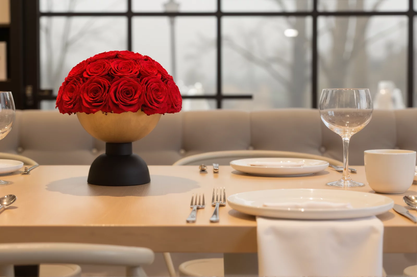 Elegant dining table with red rose centerpiece and wintery window view