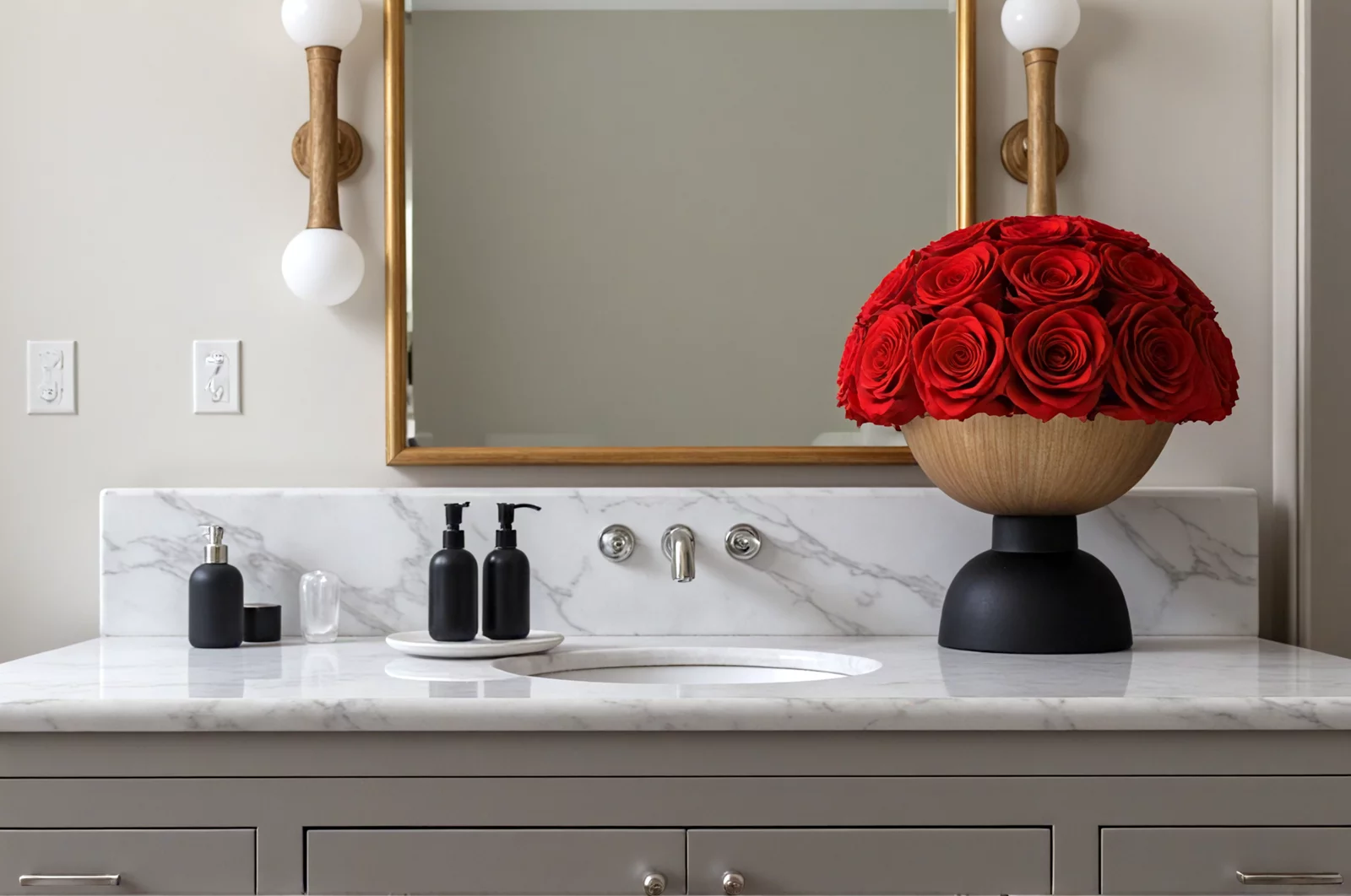 Modern bathroom with round wooden bowl of red roses and gold mirror