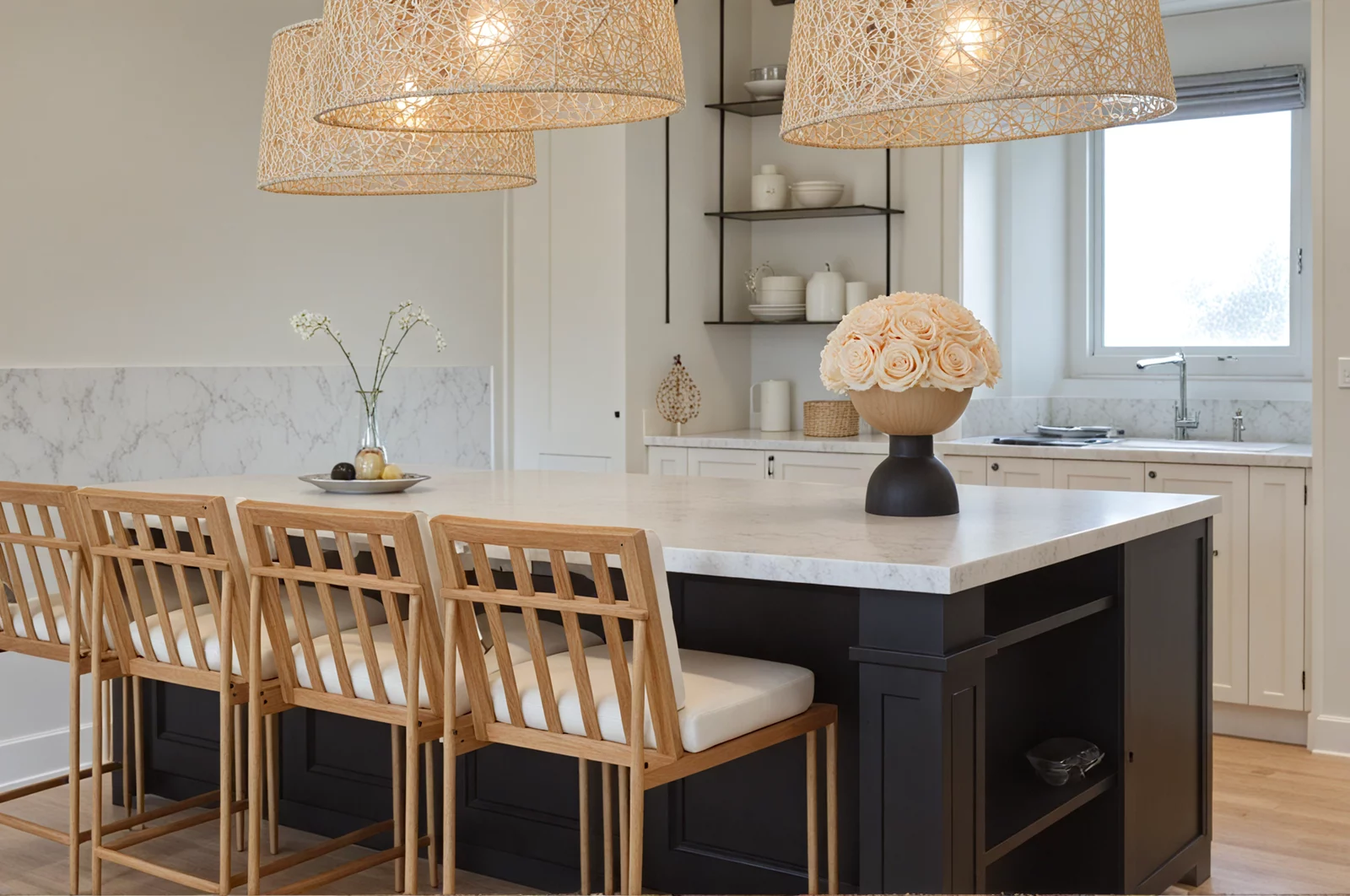 Contemporary kitchen with white marble island and white floral bouquet