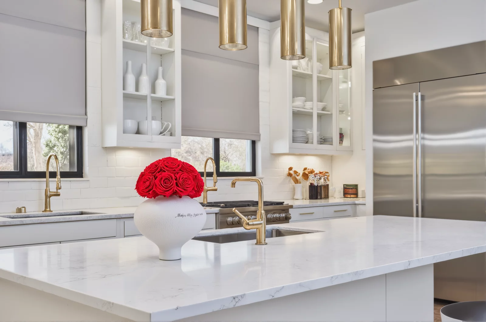 Luxurious kitchen with gold pendant lights and red rose bouquet