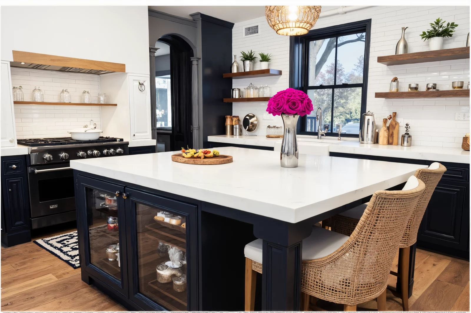 Farmhouse kitchen with navy blue island and pink floral arrangement