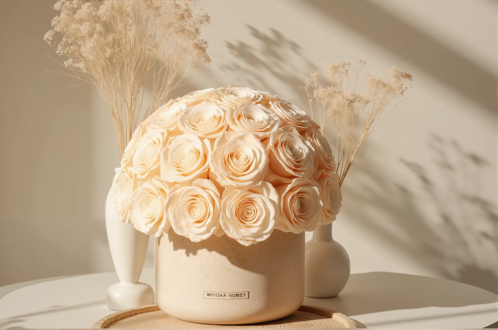 Delicate beige rose arrangement in glass vase with dried floral accents