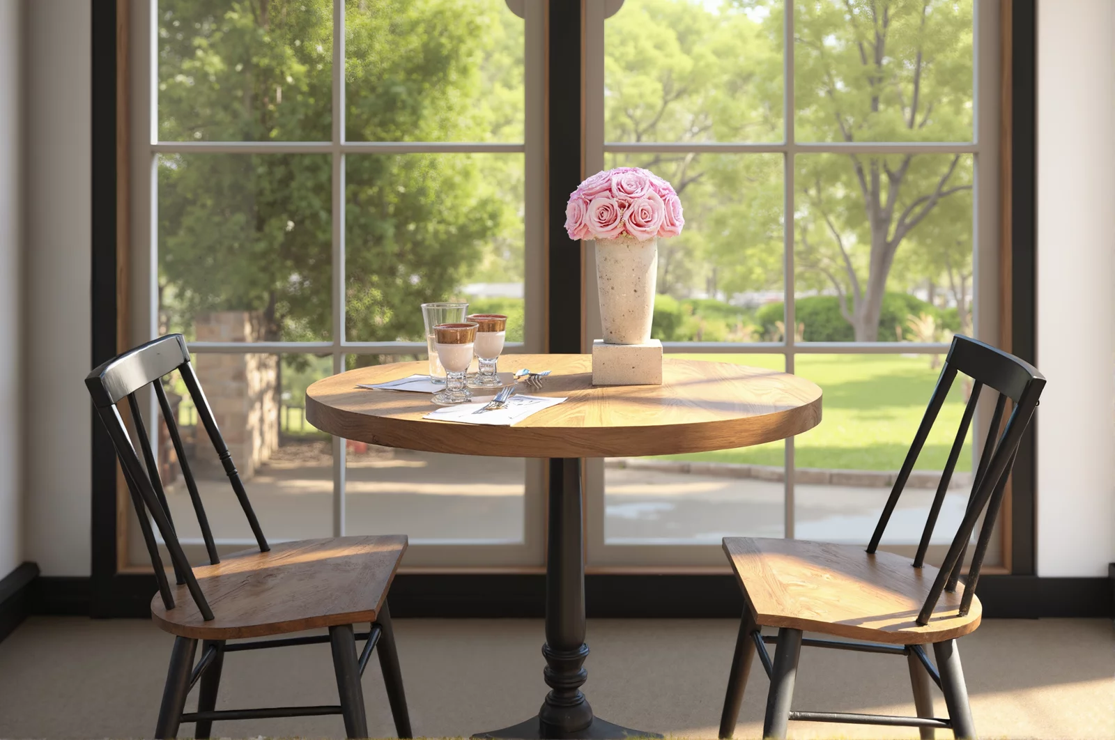 Cozy dining nook with wooden table, pink roses, and garden view