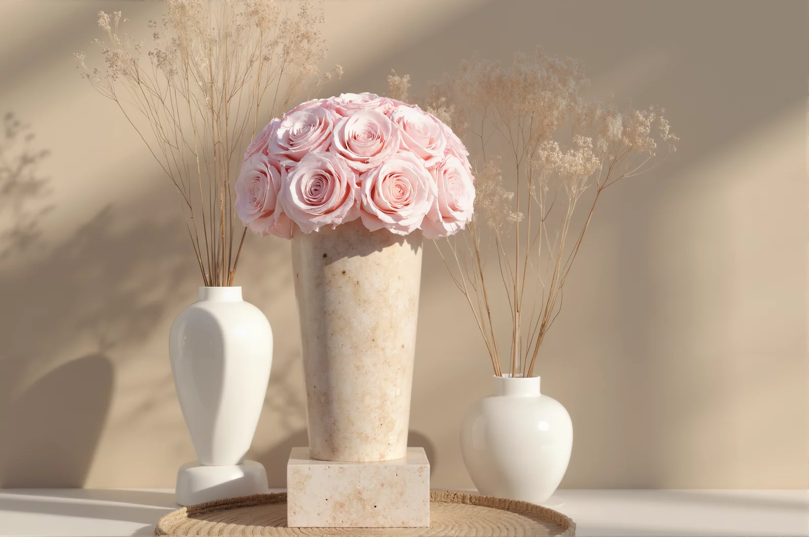 Rustic marble vase with pink roses and dried wheat stalks