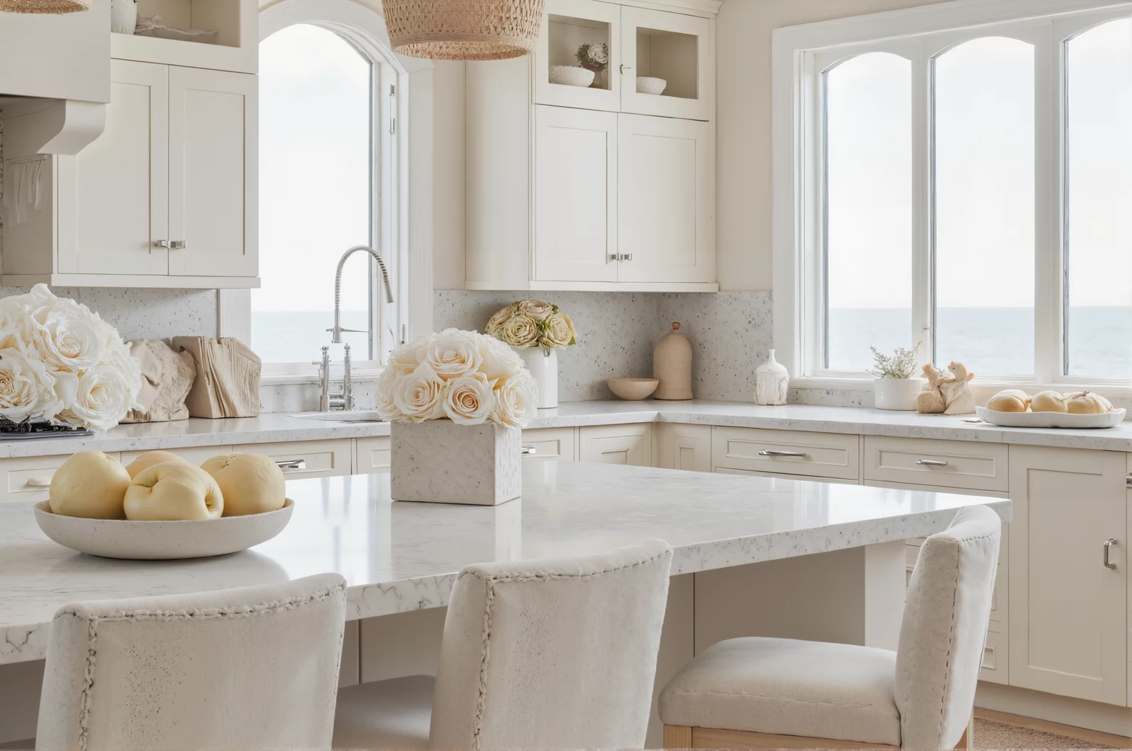 Coastal kitchen with white cabinetry, ocean view, and white roses