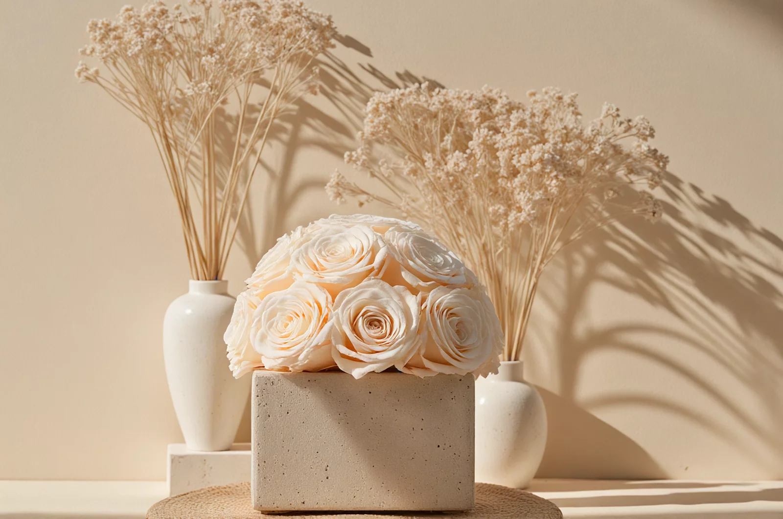 Serene floral arrangement with cream roses and dried baby's breath
