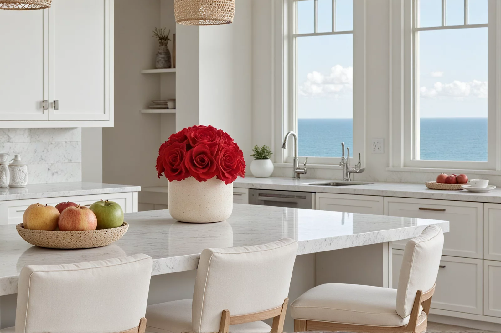 Vase of red roses on a kitchen island with an ocean view, coastal floral display.