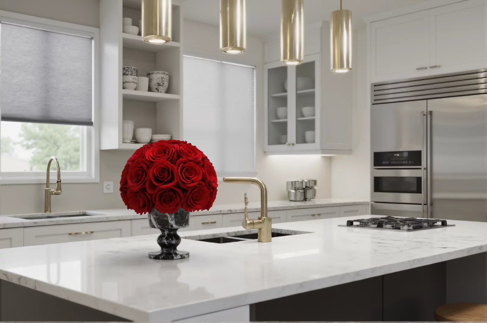 Vase with red roses on a kitchen island, luxurious floral display.