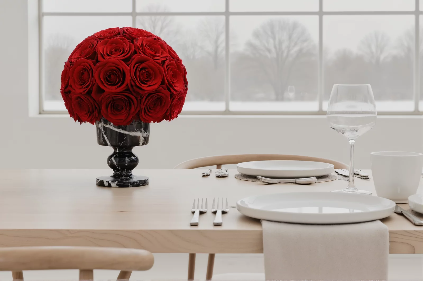 Vase with red roses on a dining table, elegant floral arrangement.