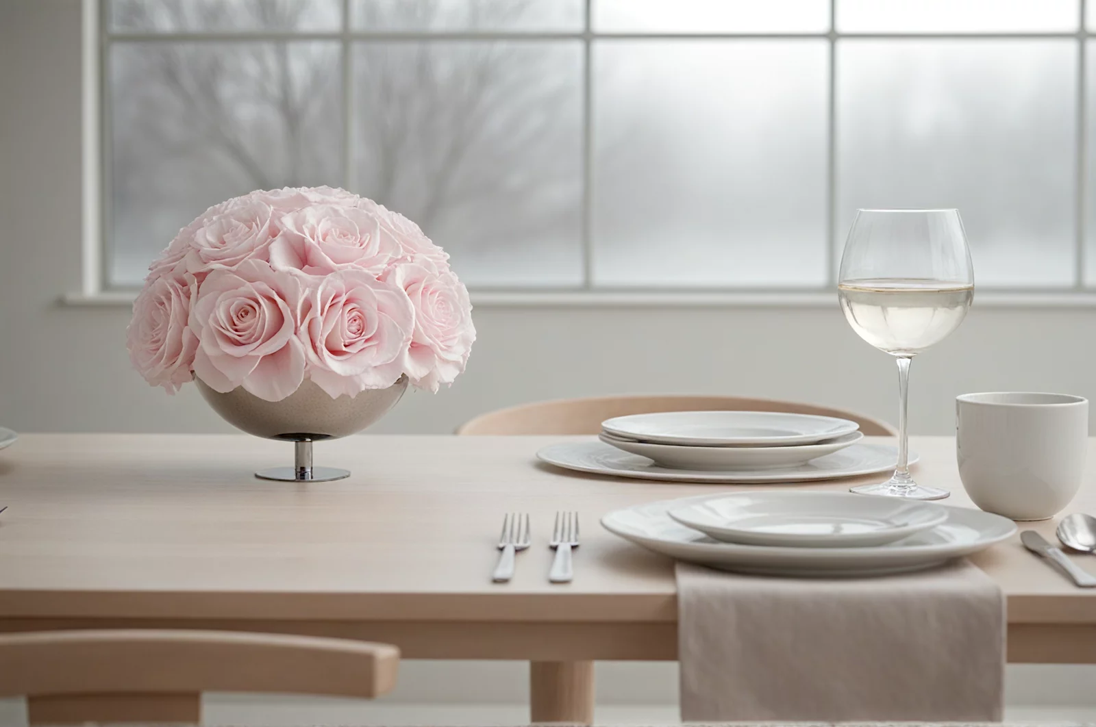 Silver vase with pink roses on a dining table, minimalist floral display.
