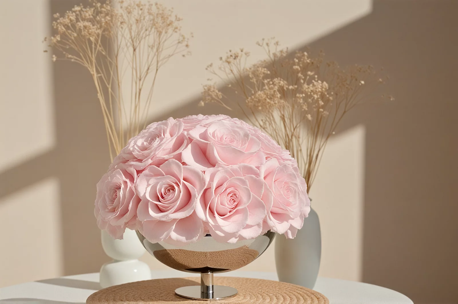 Spherical glass vase with soft pink roses, elegant floral arrangement.