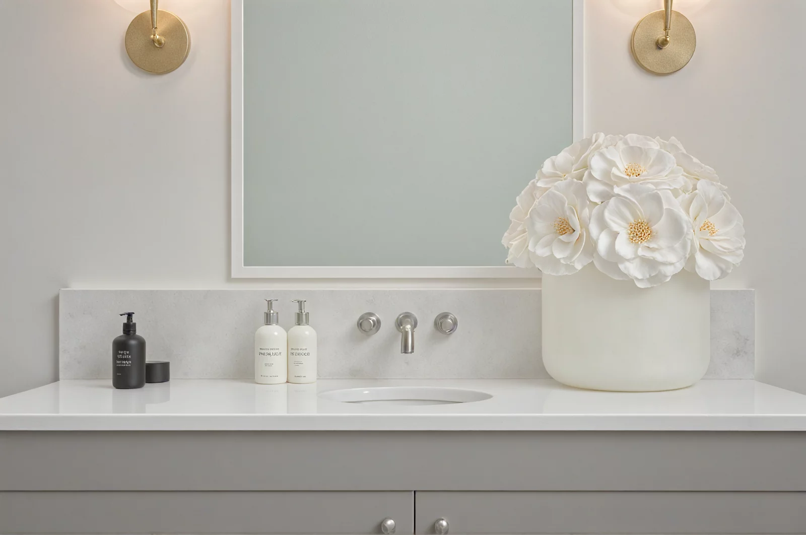 White ceramic vase with white flowers in a bathroom, minimalist floral display.