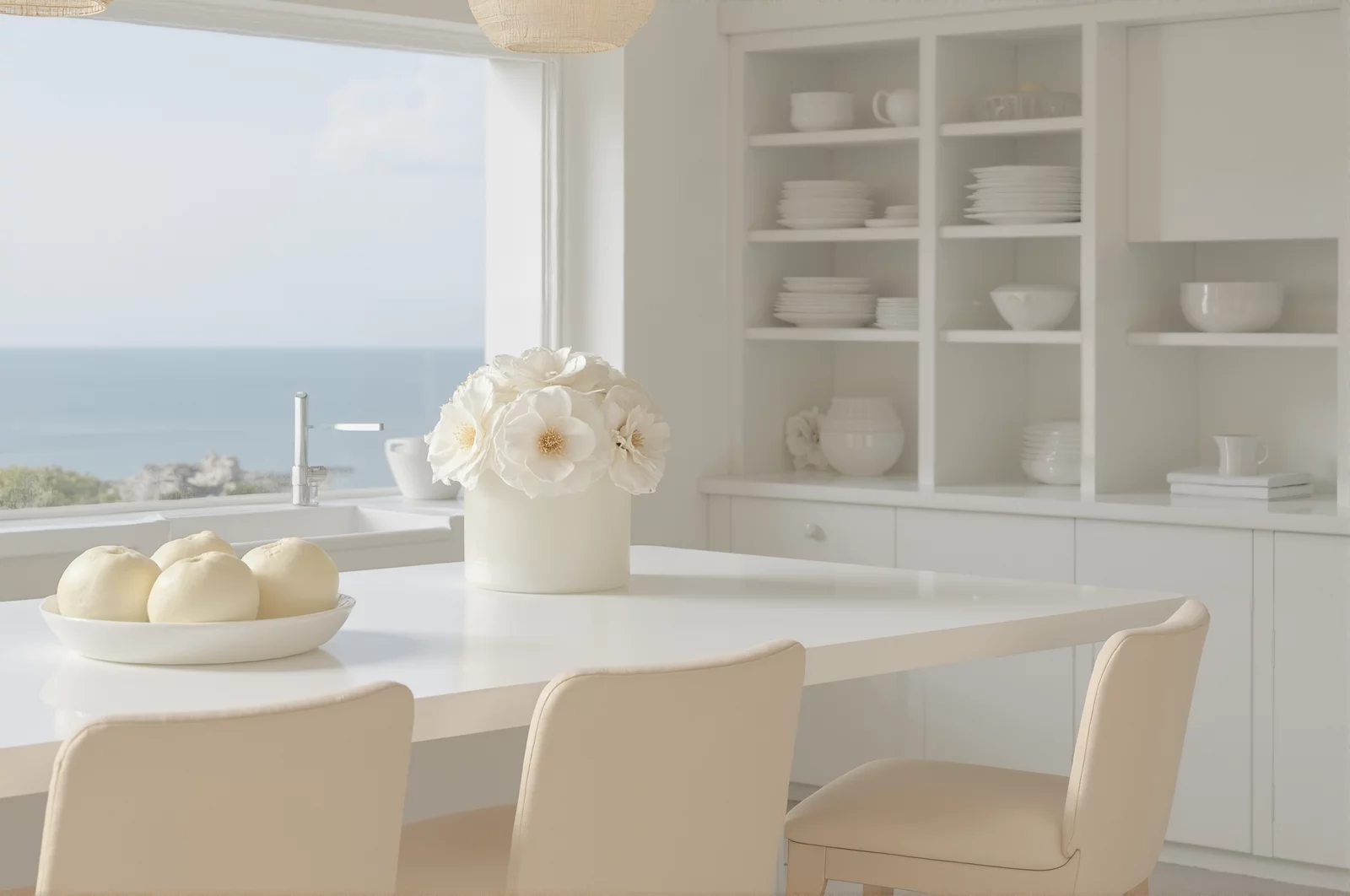 Vase of white flowers on a kitchen table, modern floral centerpiece.