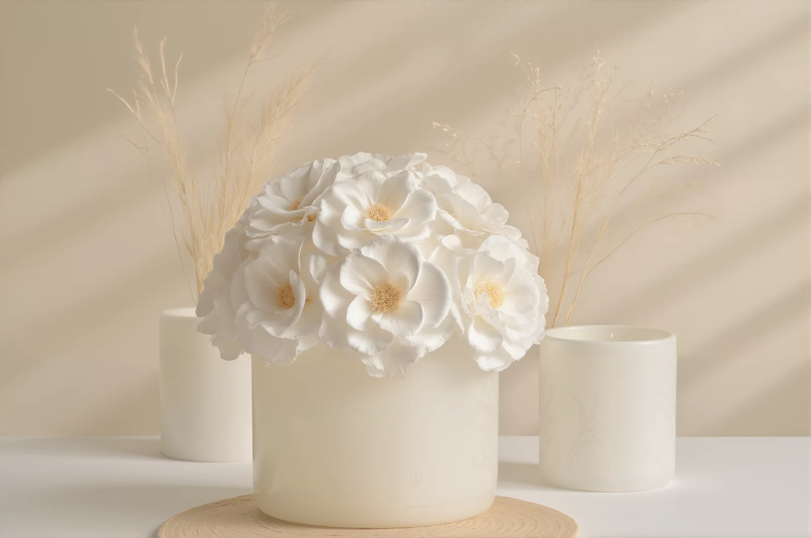 Round white vase with white flowers, elegant floral arrangement.
