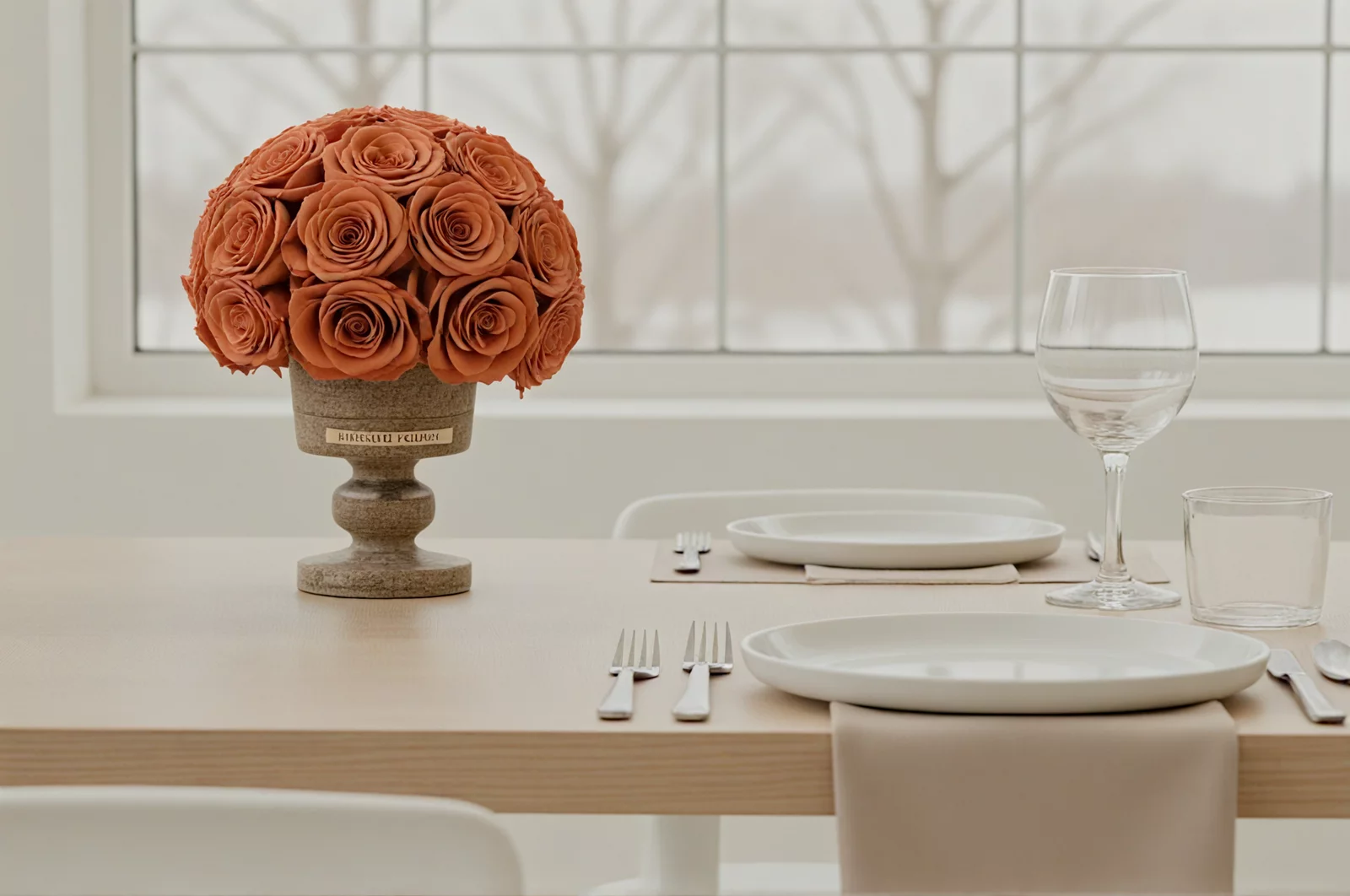 Textured vase with orange roses on a dining table, elegant floral centerpiece.