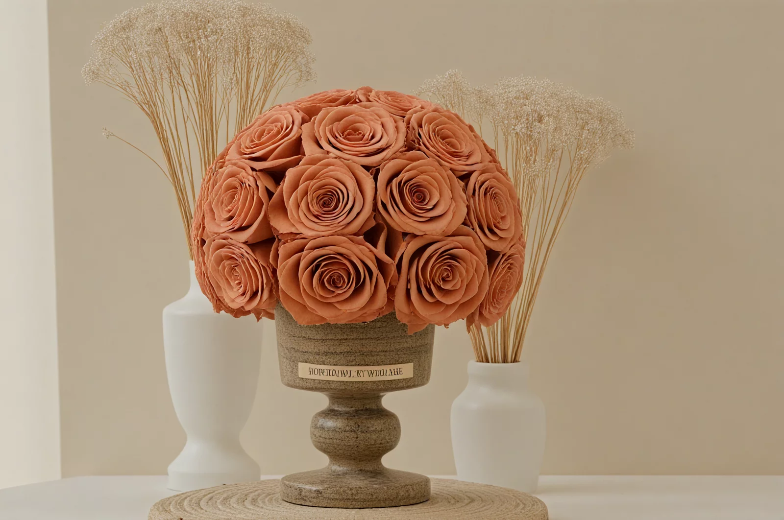 Brown vase with peach roses, elegant floral centerpiece.