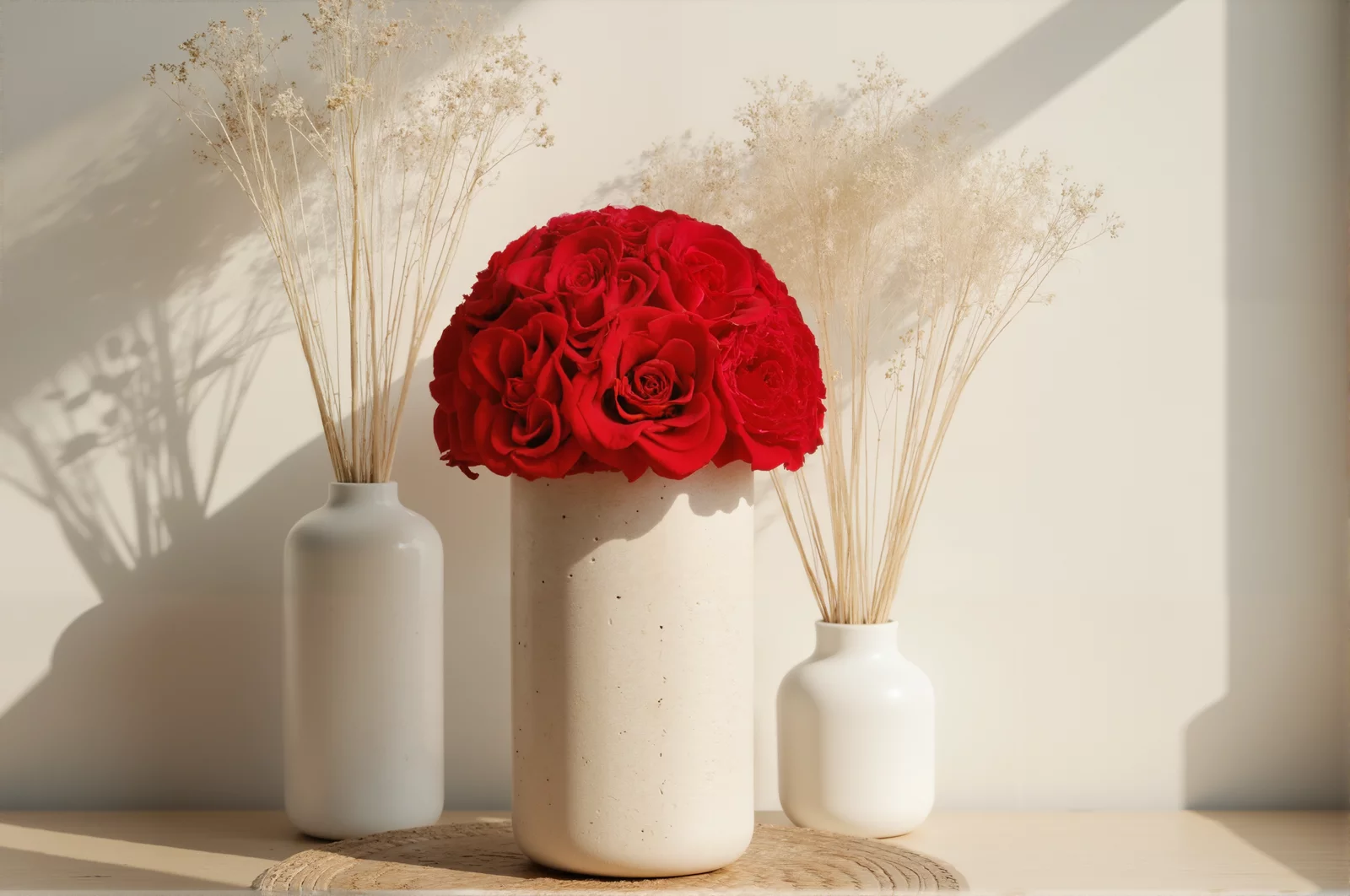 Cream-colored vase with red roses, elegant floral display.