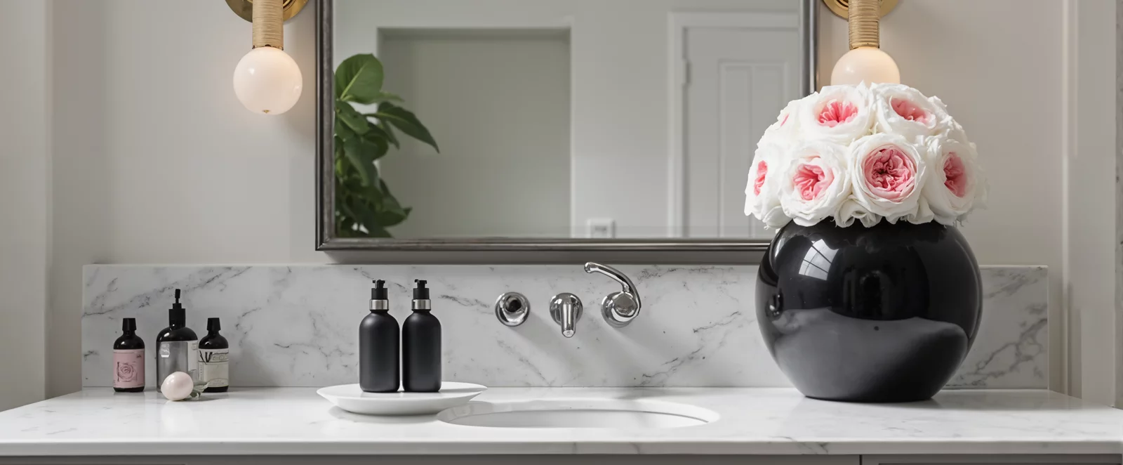 Black vase with pink and white roses in a bathroom, modern floral arrangement.