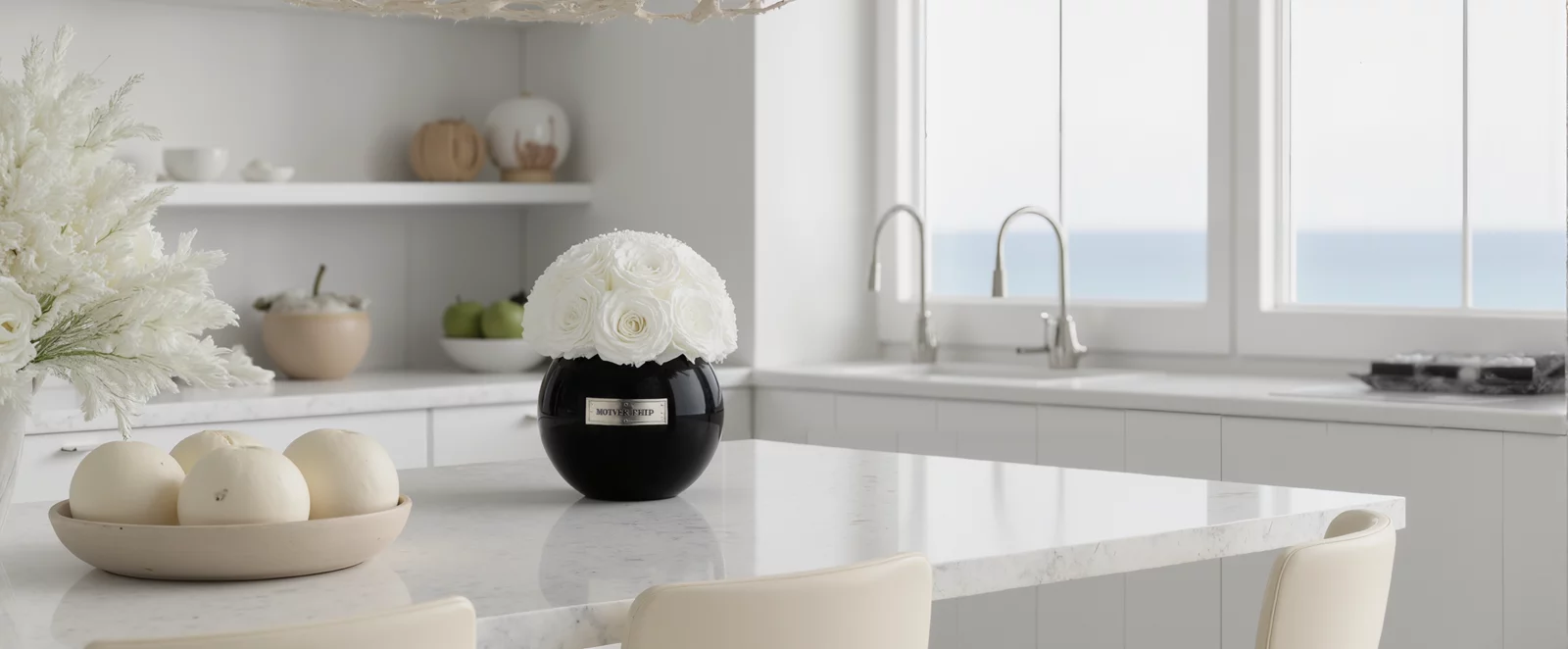 Black ceramic vase with white roses on a kitchen counter, elegant floral display.