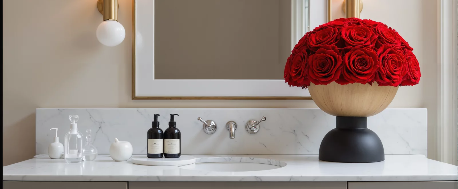 Modern bathroom with white marble countertop and red rose bouquet